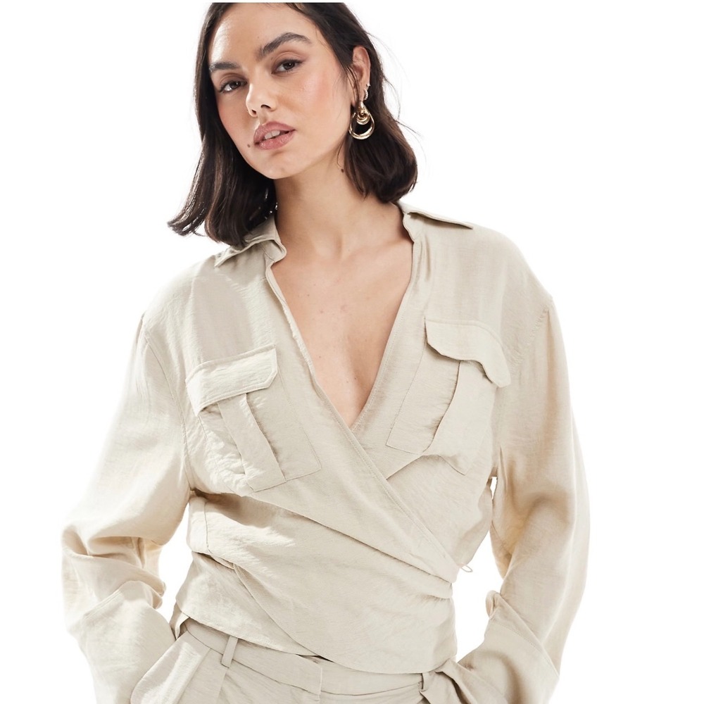 Mango MNG Womens Beige Wrap Blouse Tie Back Utility Pocket Top Size 6